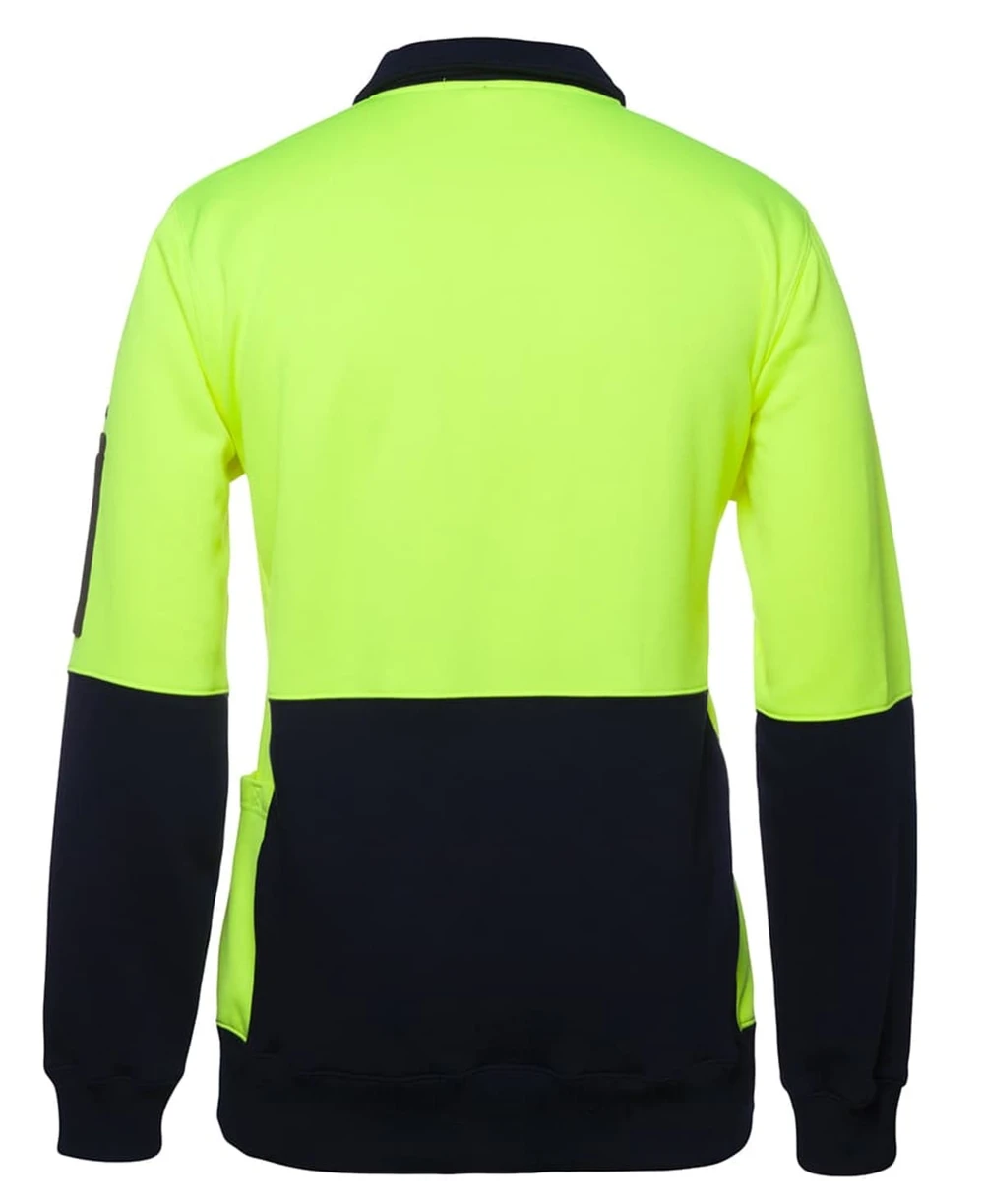 A bright yellow and navy fleece jumper with a half zip and a sleeve pocket, featuring a logo.