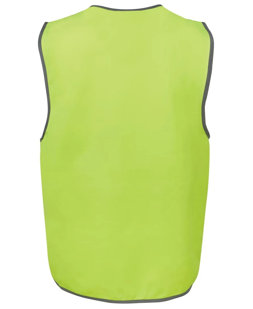 A high-visibility safety vest in bright yellow-green with grey trim and no sleeves. Features a logo.