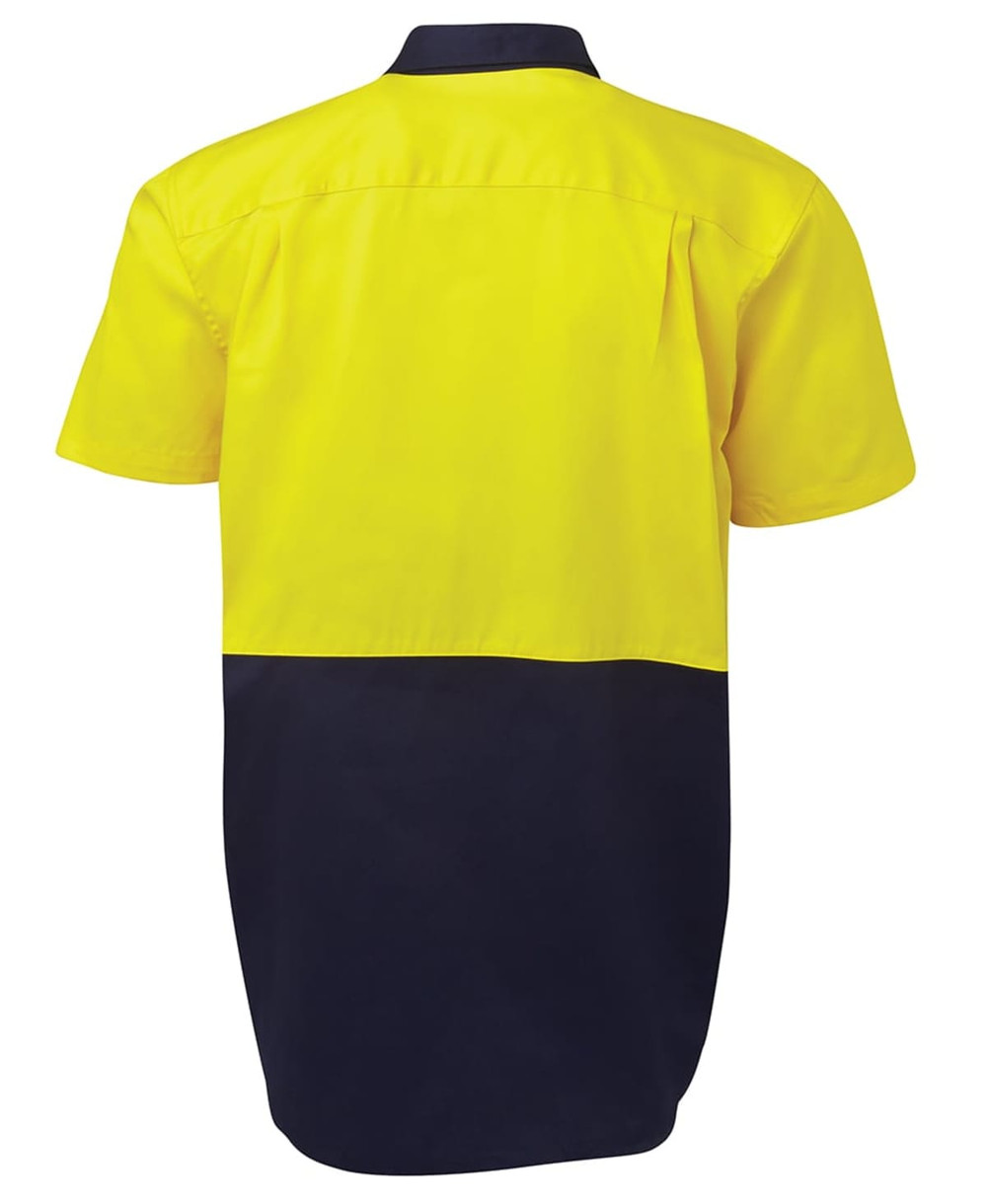 A short-sleeved work shirt in high visibility yellow and navy, featuring a logo on the front.