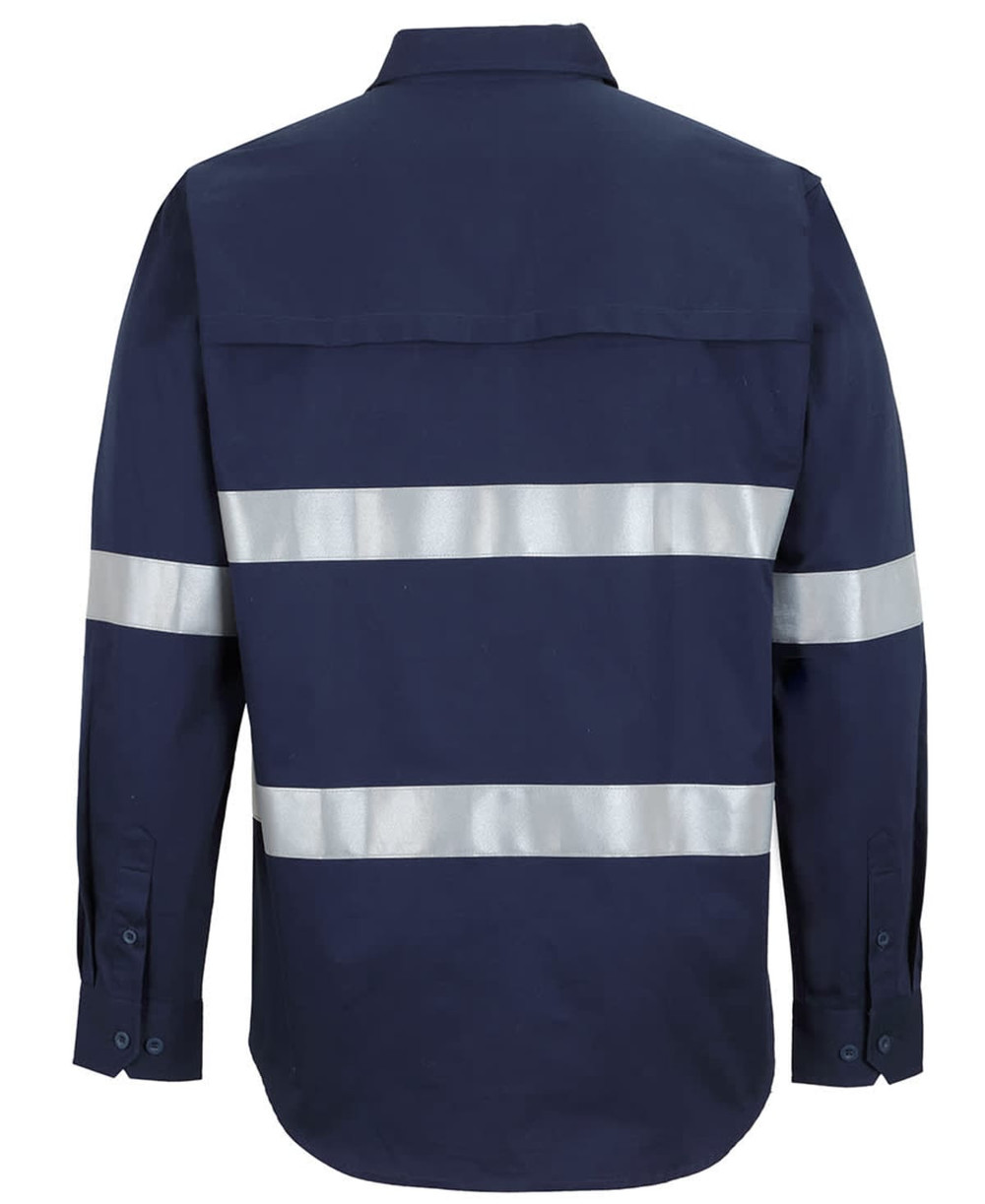 A navy long-sleeve work shirt featuring reflective tape on the back. Includes a logo.