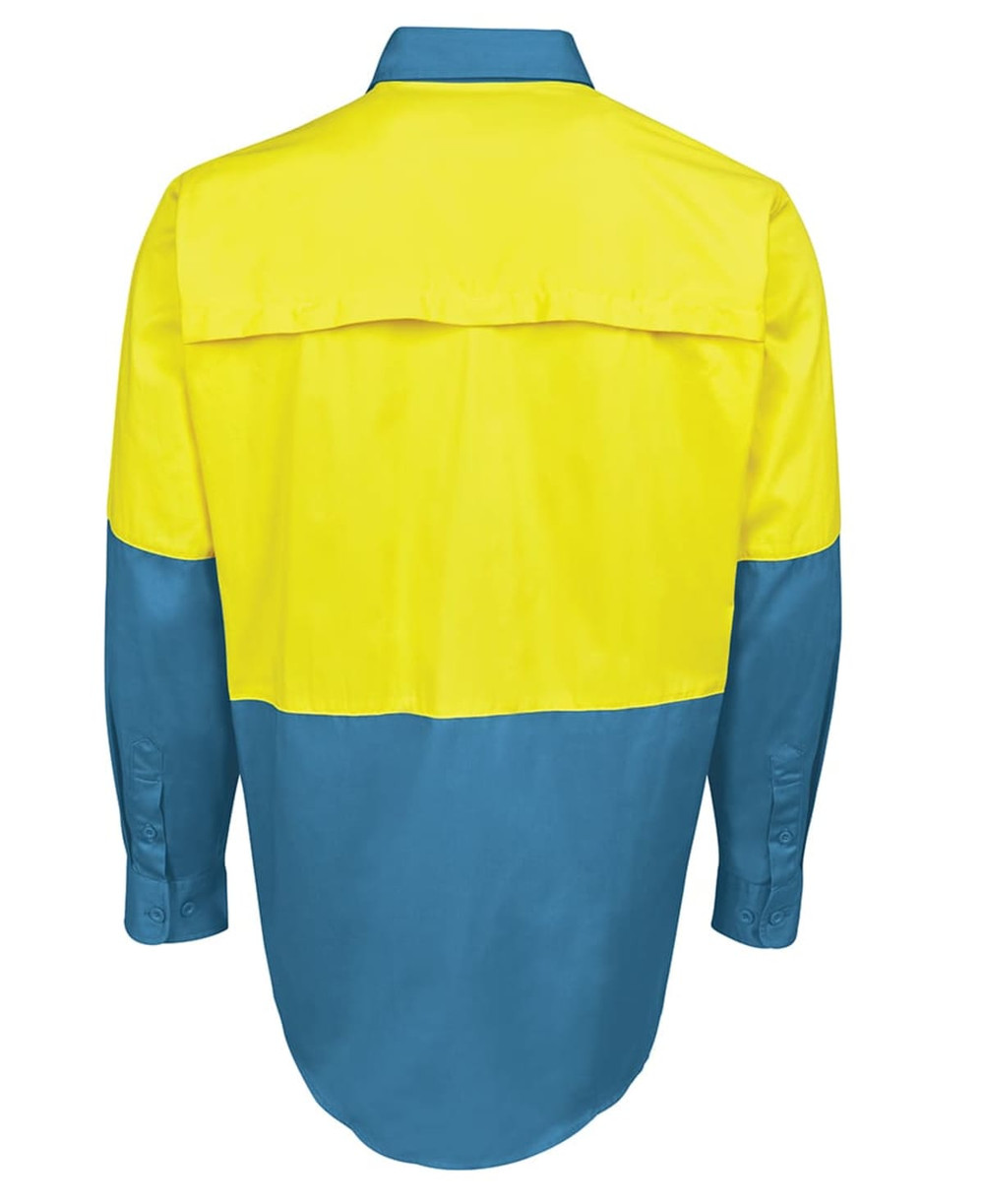 A long-sleeved work shirt in bright yellow and blue, featuring a back yoke panel and buttoned cuffs.