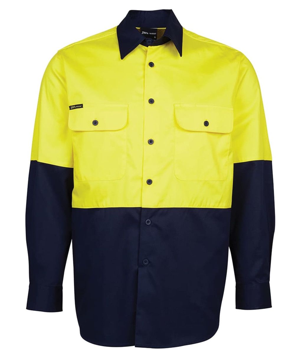 A high-visibility long-sleeve work shirt in bright yellow and navy blue, featuring two chest pockets and a logo.