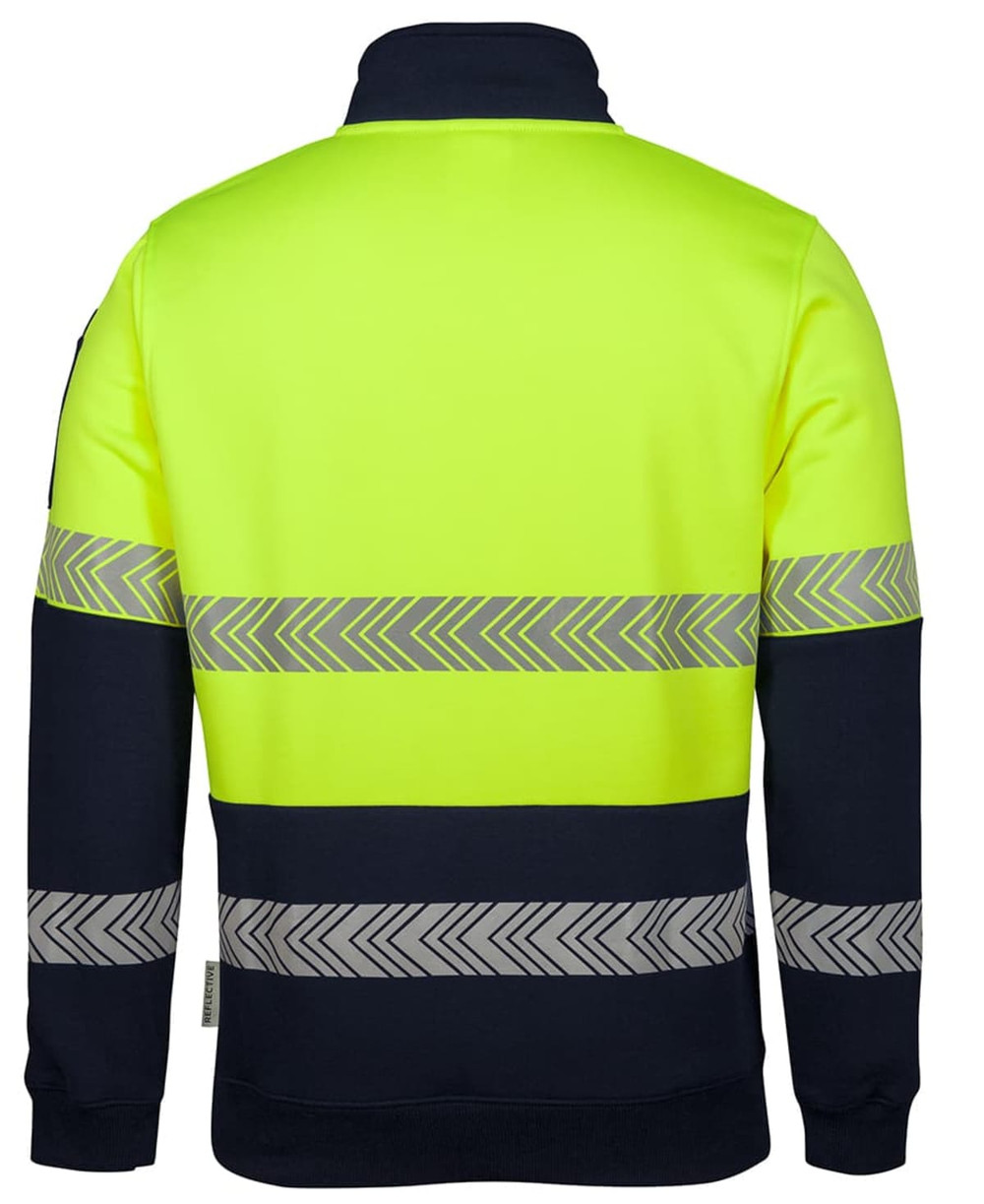A fleecy work jumper featuring a high-visibility yellow front and navy sleeves with reflective stripes. It has a branding logo.