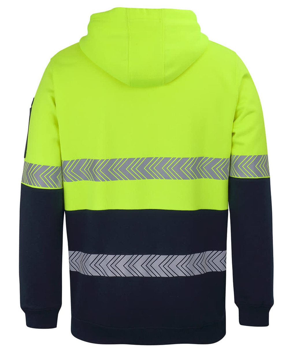 A high-visibility hoodie in bright yellow and navy, featuring segmented reflective tape and a hood. Includes a logo.