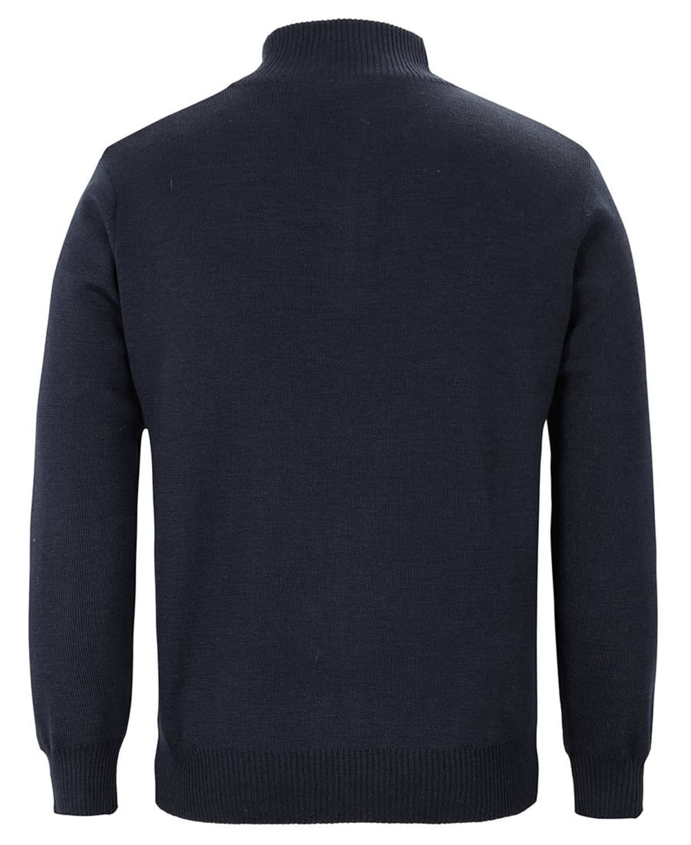 A navy knitted jumper featuring a half-zip collar and a ribbed hem, showcasing a plain design and a logo.