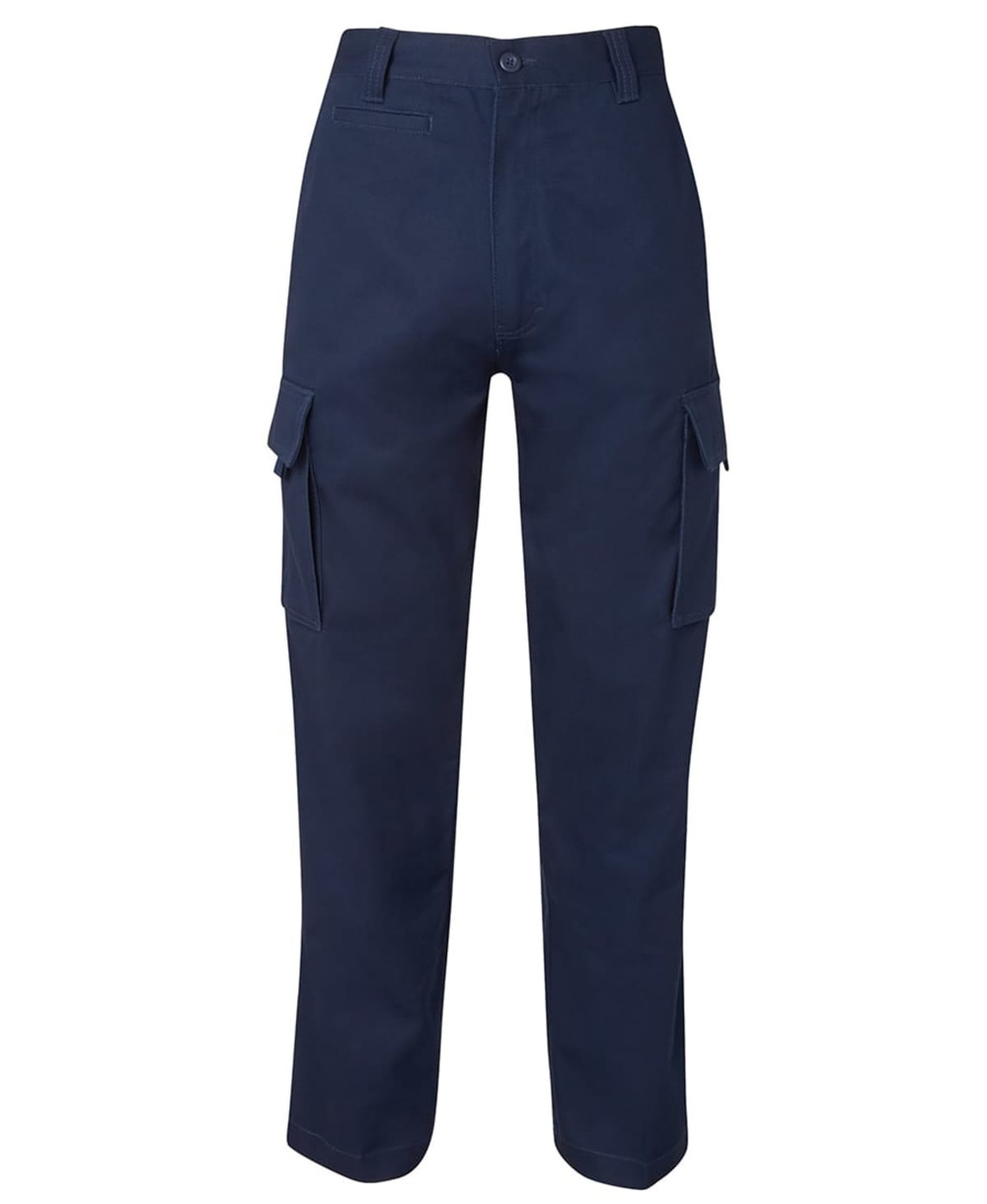 Navy cargo pants featuring side pockets and a button closure, designed with a straight-leg cut.