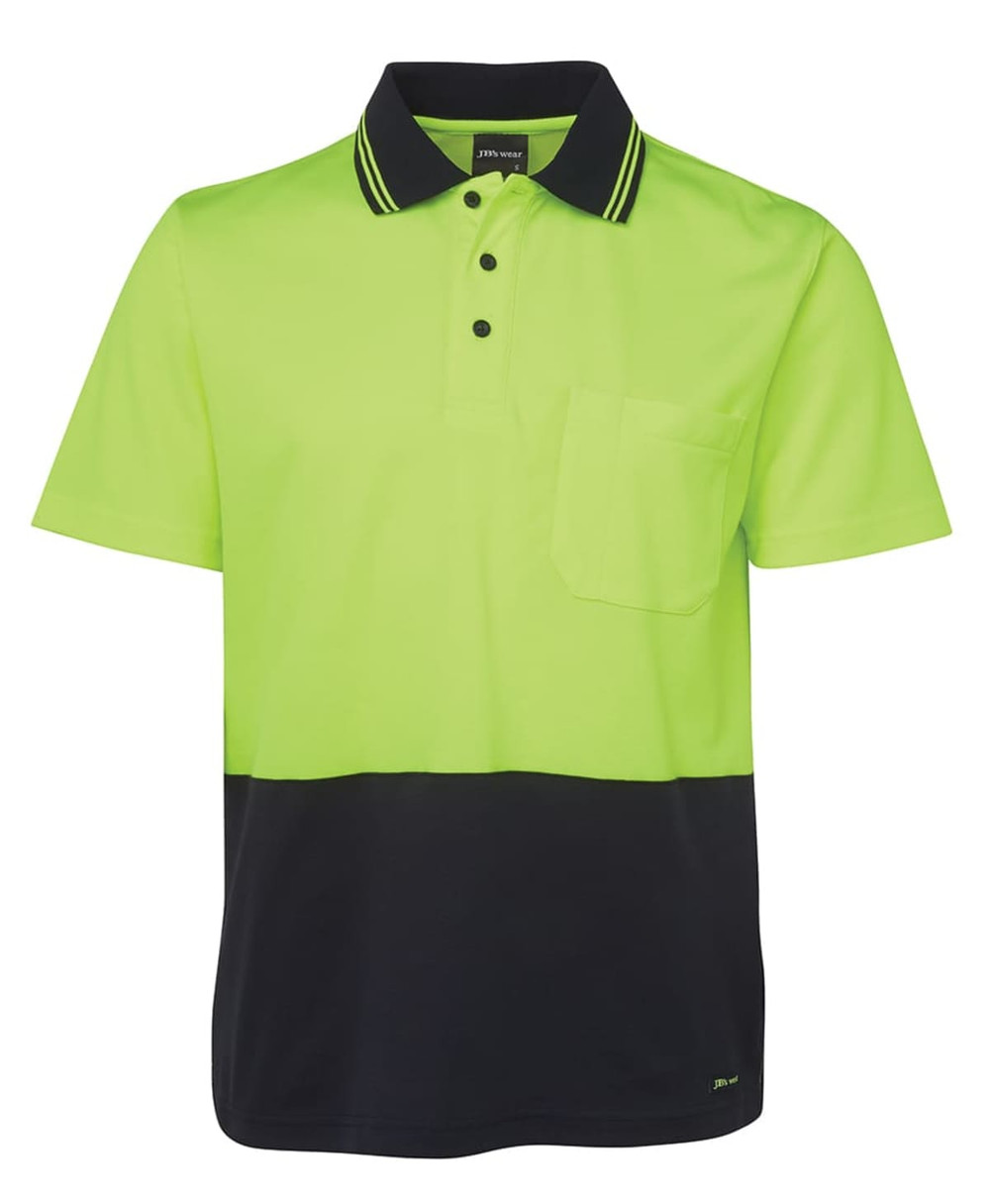 High visibility short-sleeve polo shirt in bright green with a black lower section and a breast pocket. Includes branding.