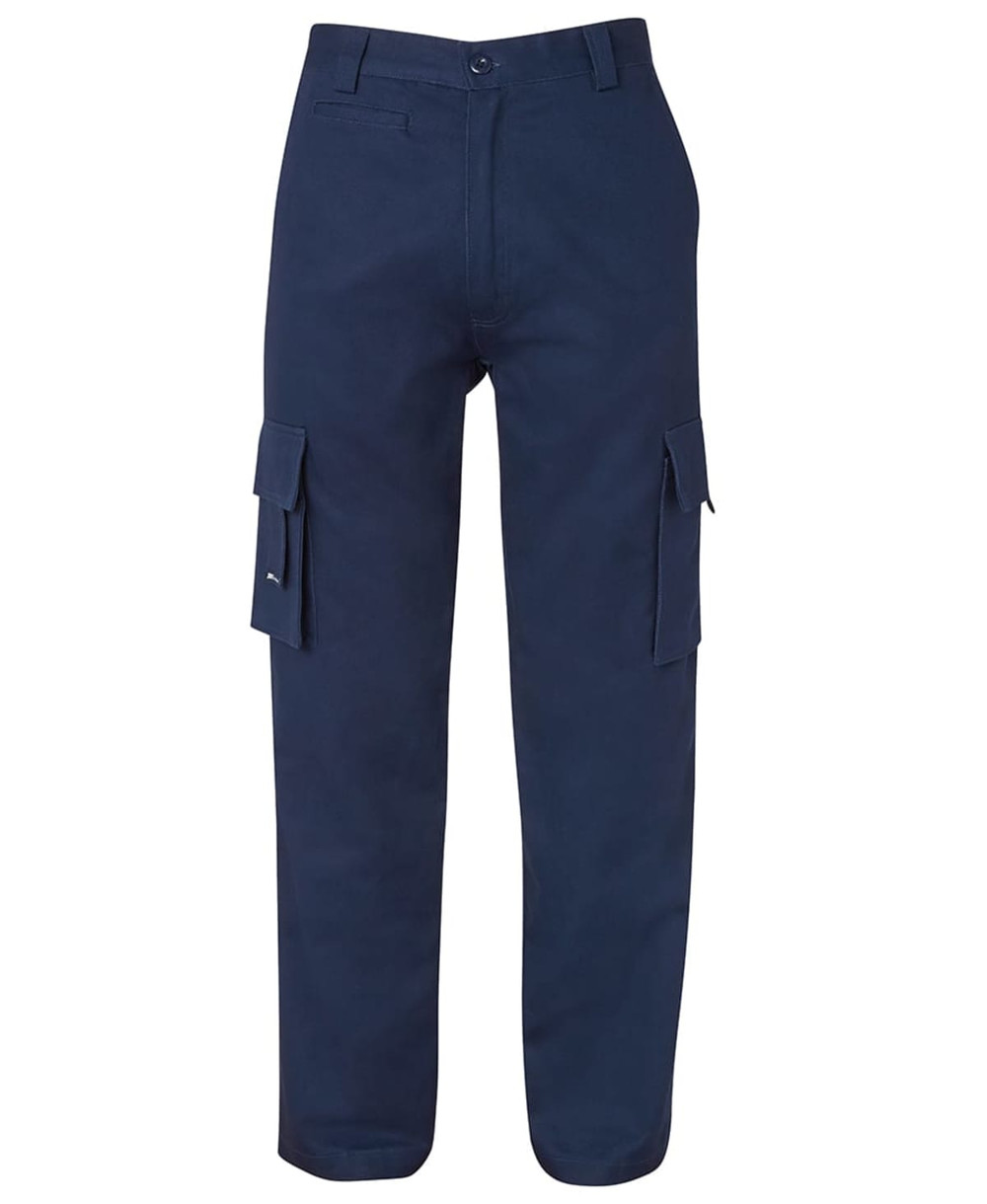 Navy cargo pants featuring multiple pockets and a classic cut, designed for comfort and utility. Includes branding.