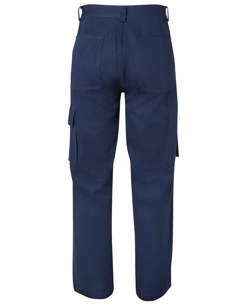 Navy cargo pants featuring multiple pockets and a logo on the back.