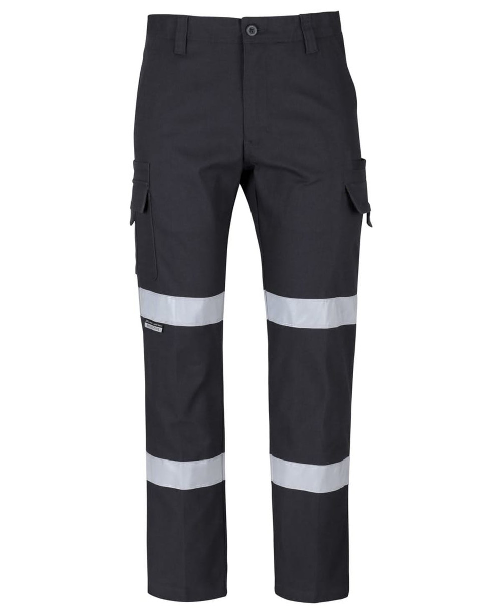 Multi-pocket stretch canvas cargo pants in black with reflective tape strips. Features a logo on the side.
