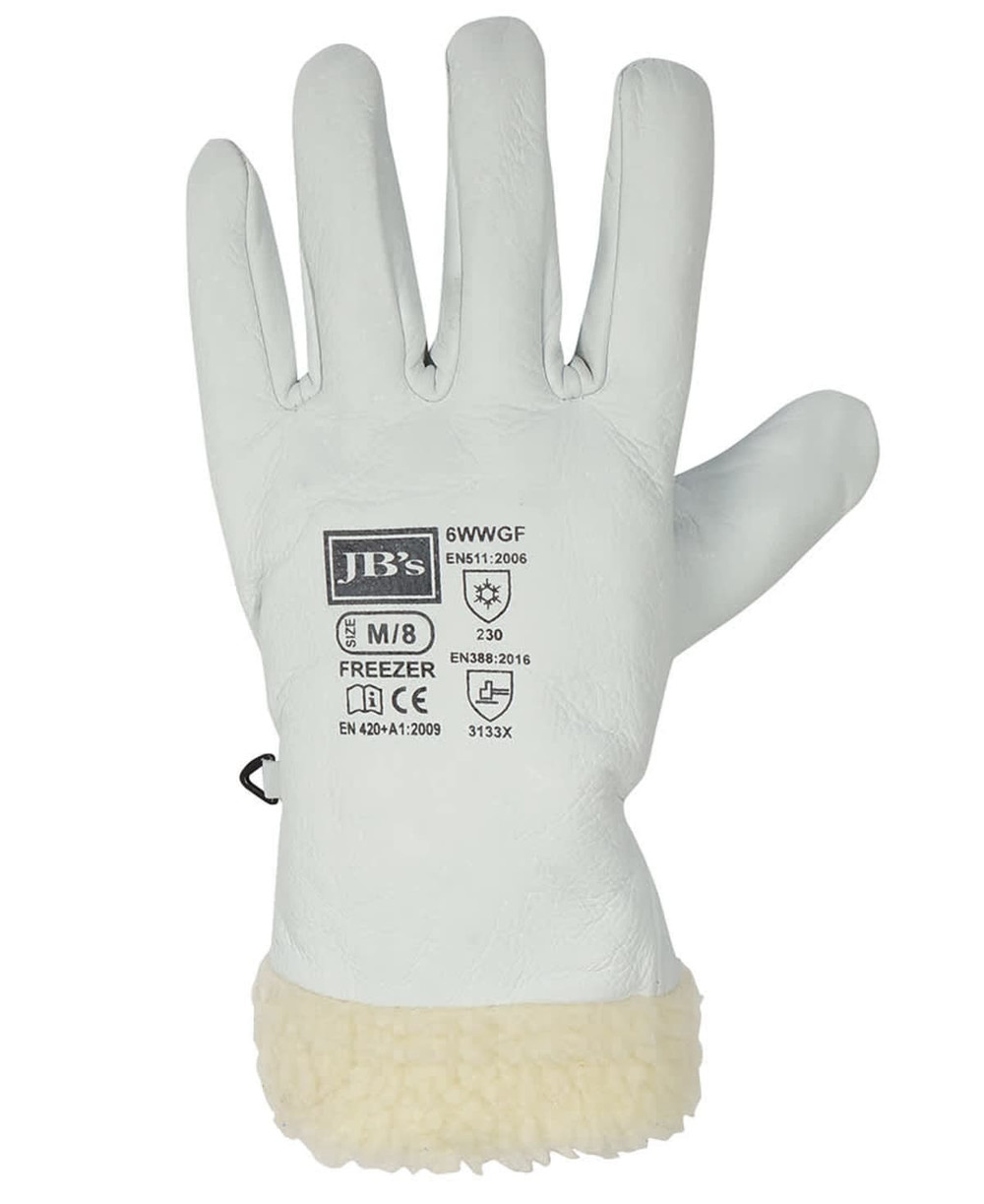 A white freezer glove with a fluffy, cream-coloured cuff and a logo.