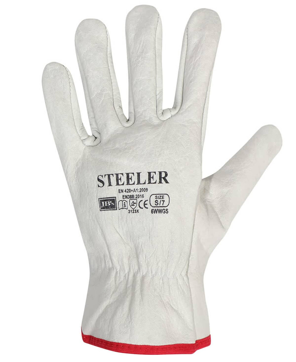 A grey glove with a red cuff and included branding, designed for heavy-duty use.