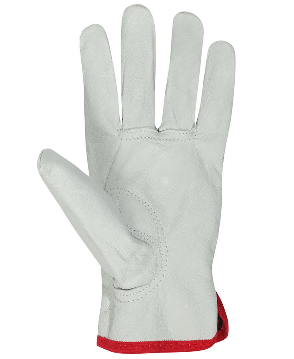 A pair of black and natural gloves with a vented design and red trim, featuring a textured palm.