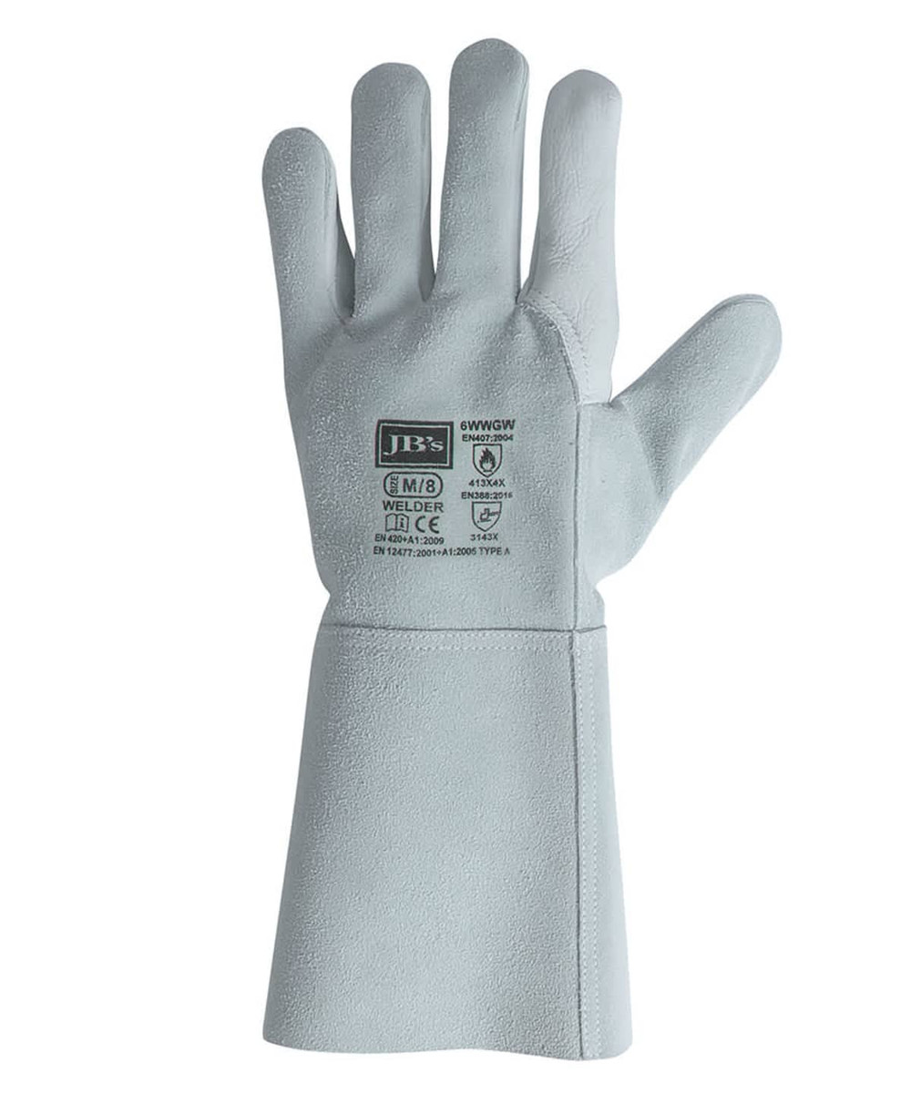 A pair of grey welder gloves featuring a logo and a long cuff design. Suitable for protective clothing accessories.