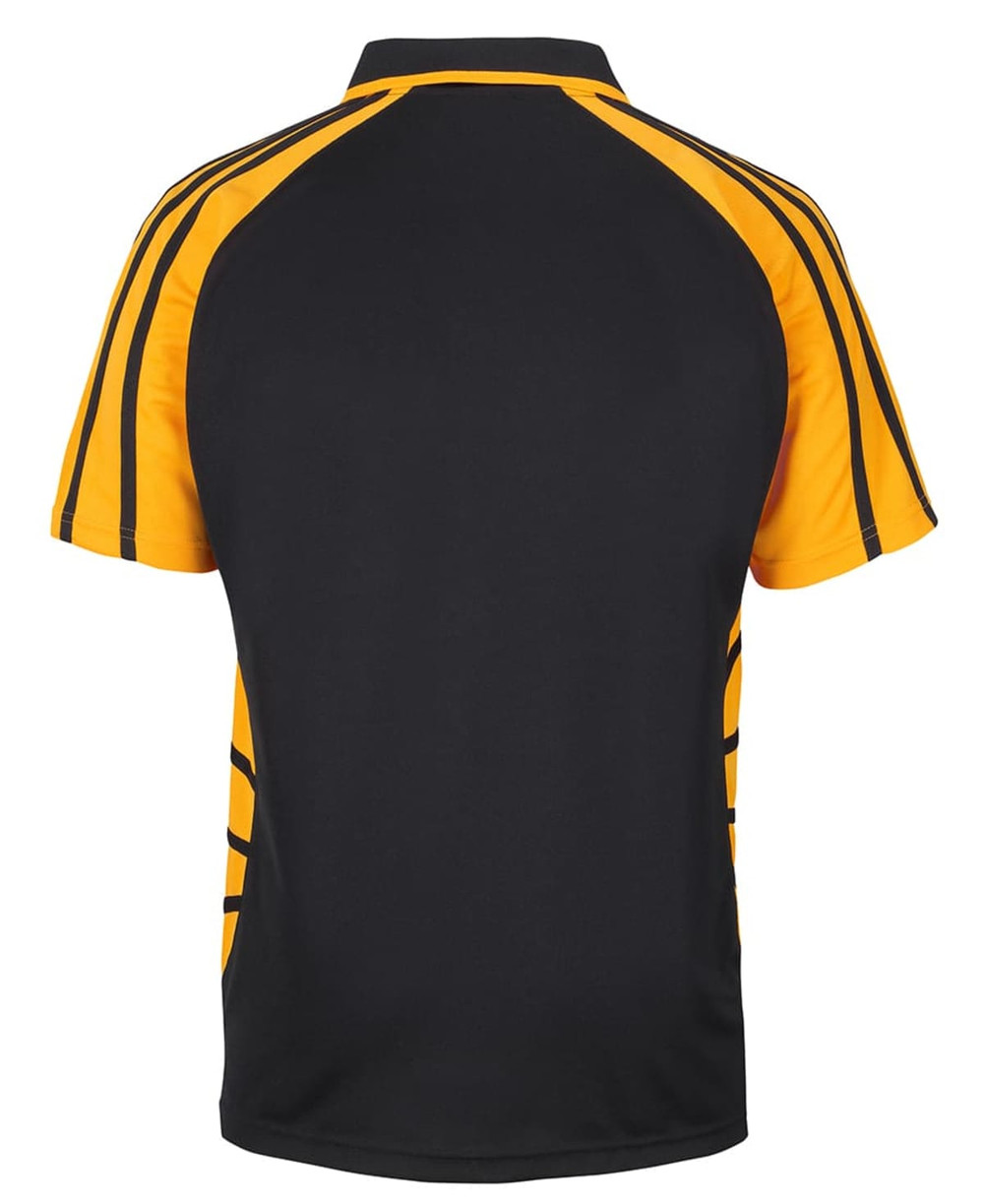 A black and yellow polo shirt featuring a logo, with contrasting stripes on the sides and a classic collar.