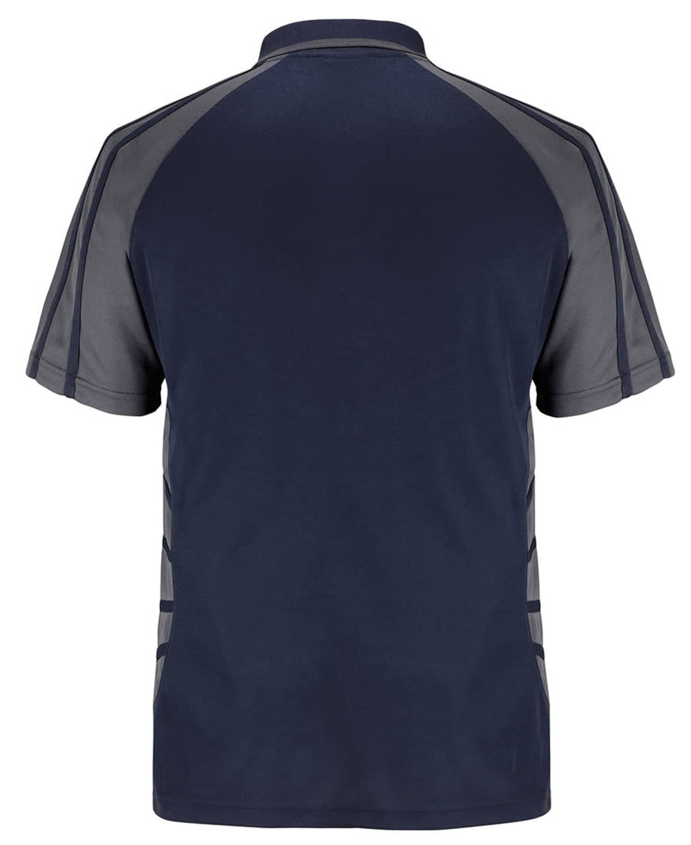 A navy blue polo shirt featuring grey accents, with a plain back and a subtle logo.