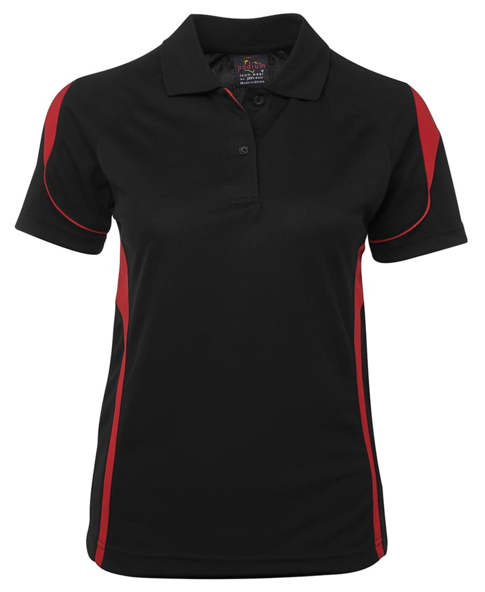 A black polo shirt with red side accents and a collar, featuring a logo on the front.