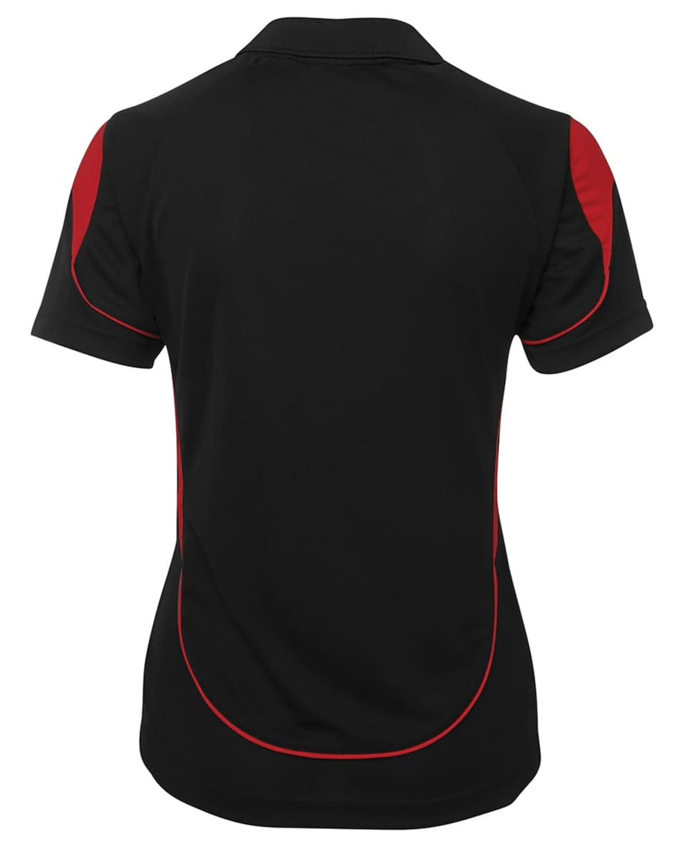 A women's polo shirt in black with red accents, featuring a logo on the back.