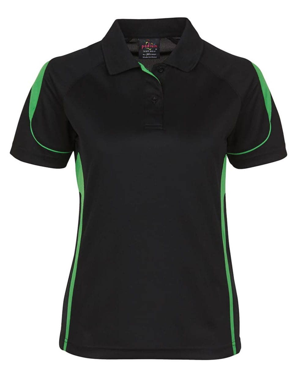 A black polo shirt with green accents and a logo. Short sleeves and a classic collar design.