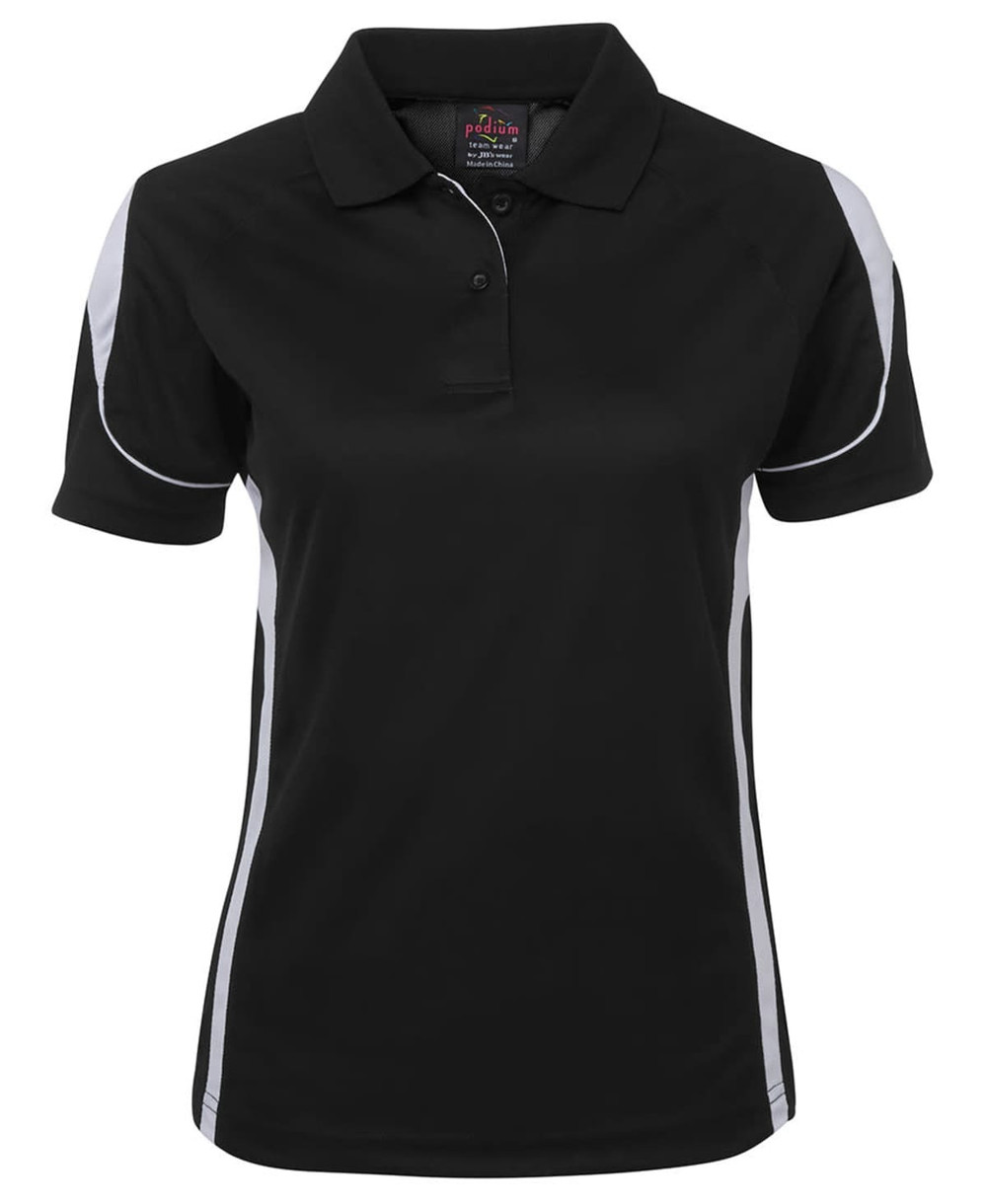 A black polo shirt with white accents and a collar, featuring a logo.