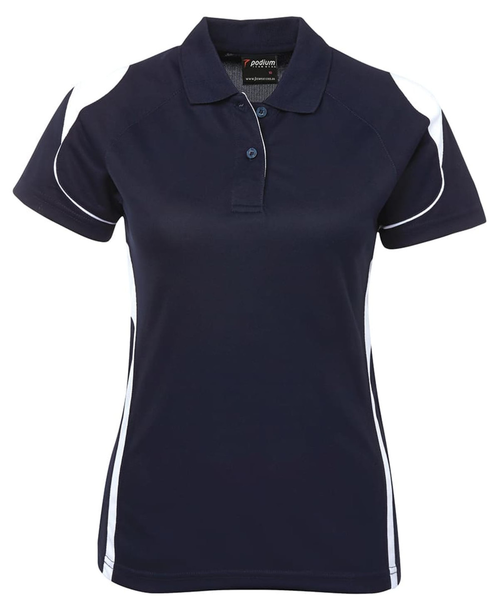 A navy polo shirt with white detailing and a logo, featuring a classic collar and short sleeves.
