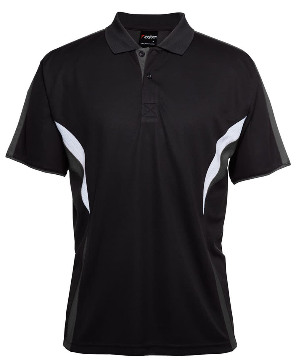 A black polo shirt featuring white accents and a branding logo on the front. Short-sleeved design with a classic collar.