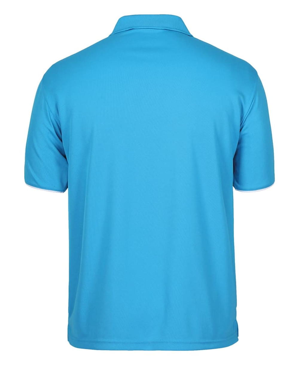 A blue polo shirt with a classic collar and short sleeves. The back features a logo.