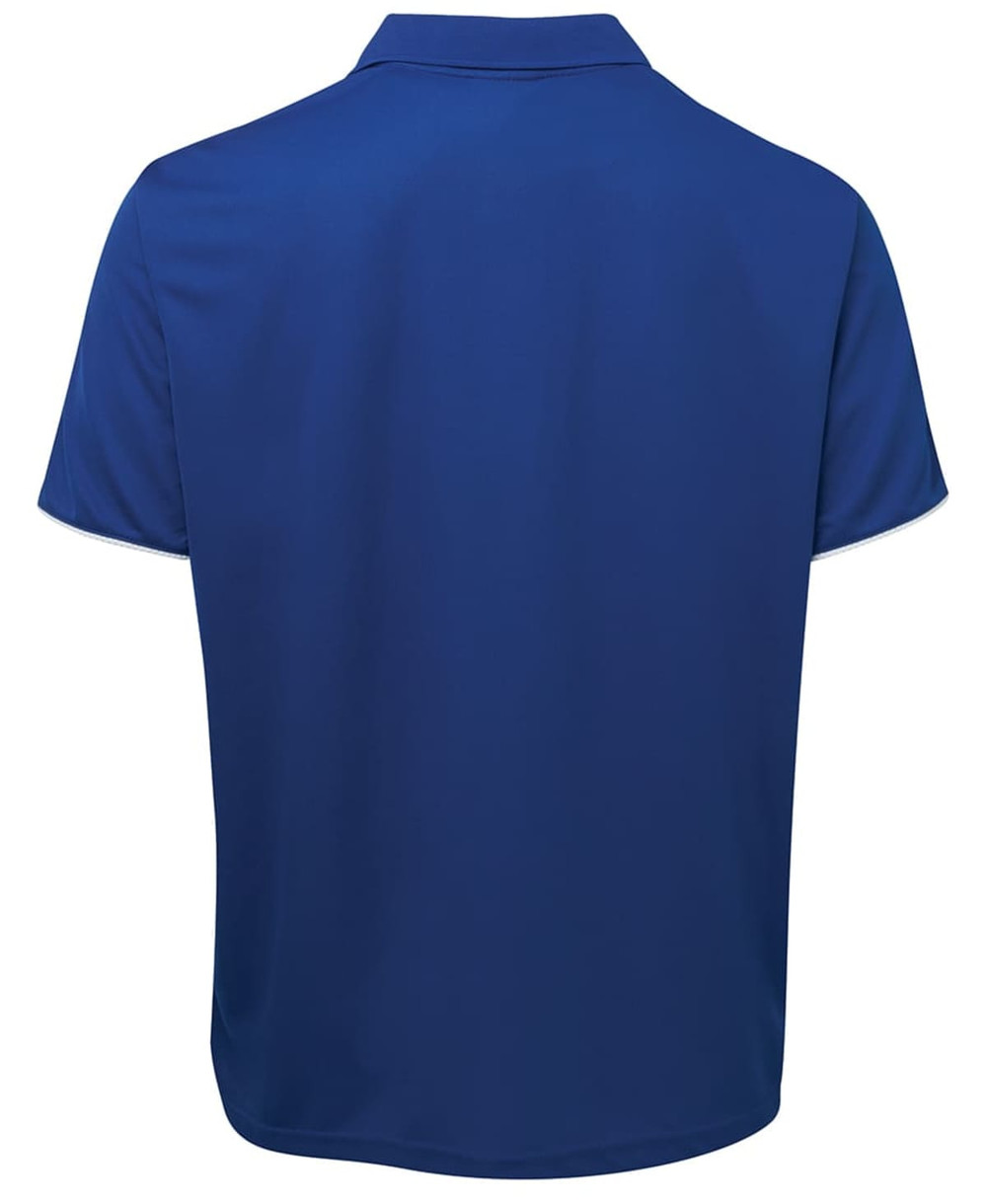 A blue polo shirt featuring a collar and a logo on the back. Suitable for casual or promotional wear.