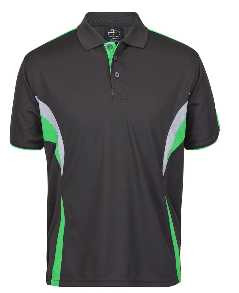 A black polo shirt with green and grey accents, featuring a collar and a logo.