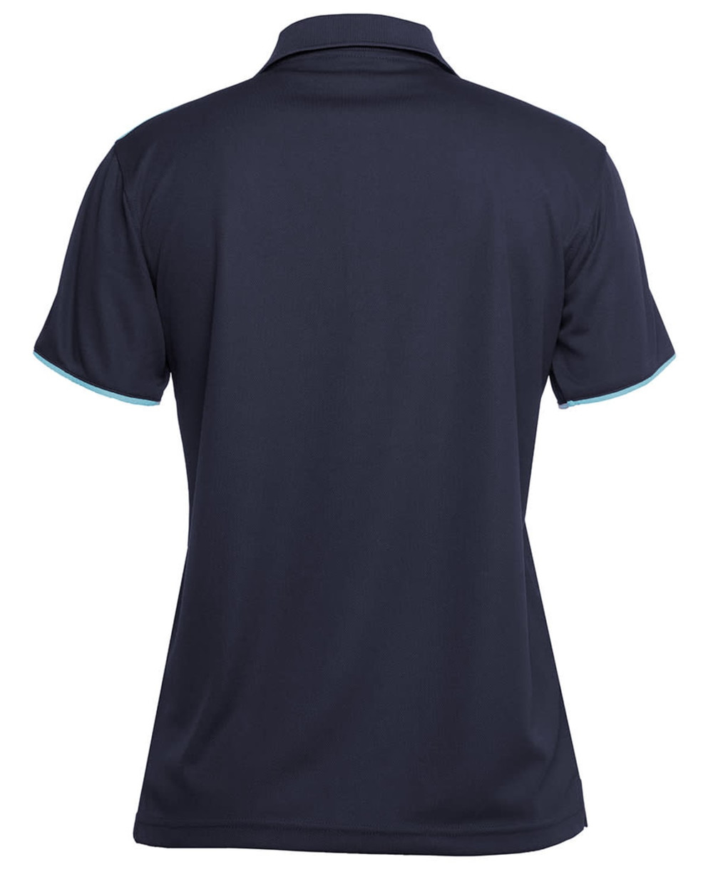 A navy polo shirt with a collar and short sleeves, featuring contrasting trims and a logo on the back.