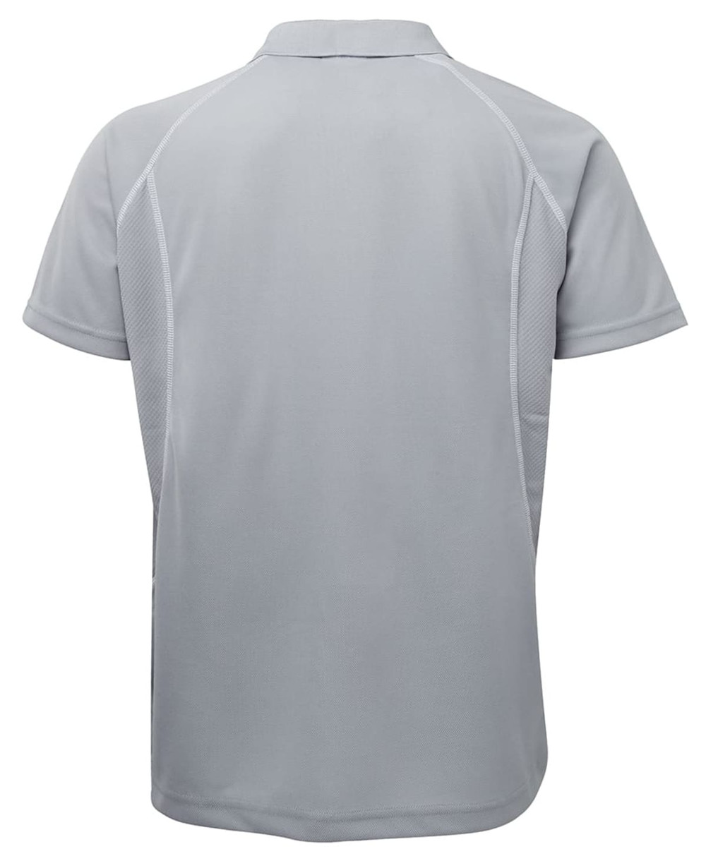 A grey polo shirt with a smooth fabric and a collar, featuring a logo on the back.