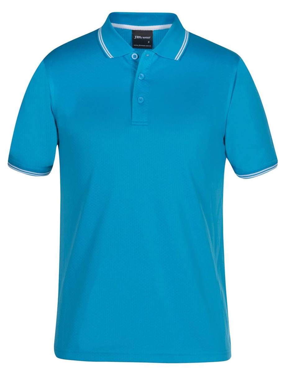 A turquoise polo shirt with a collared neck and contrasting trim, featuring a logo.