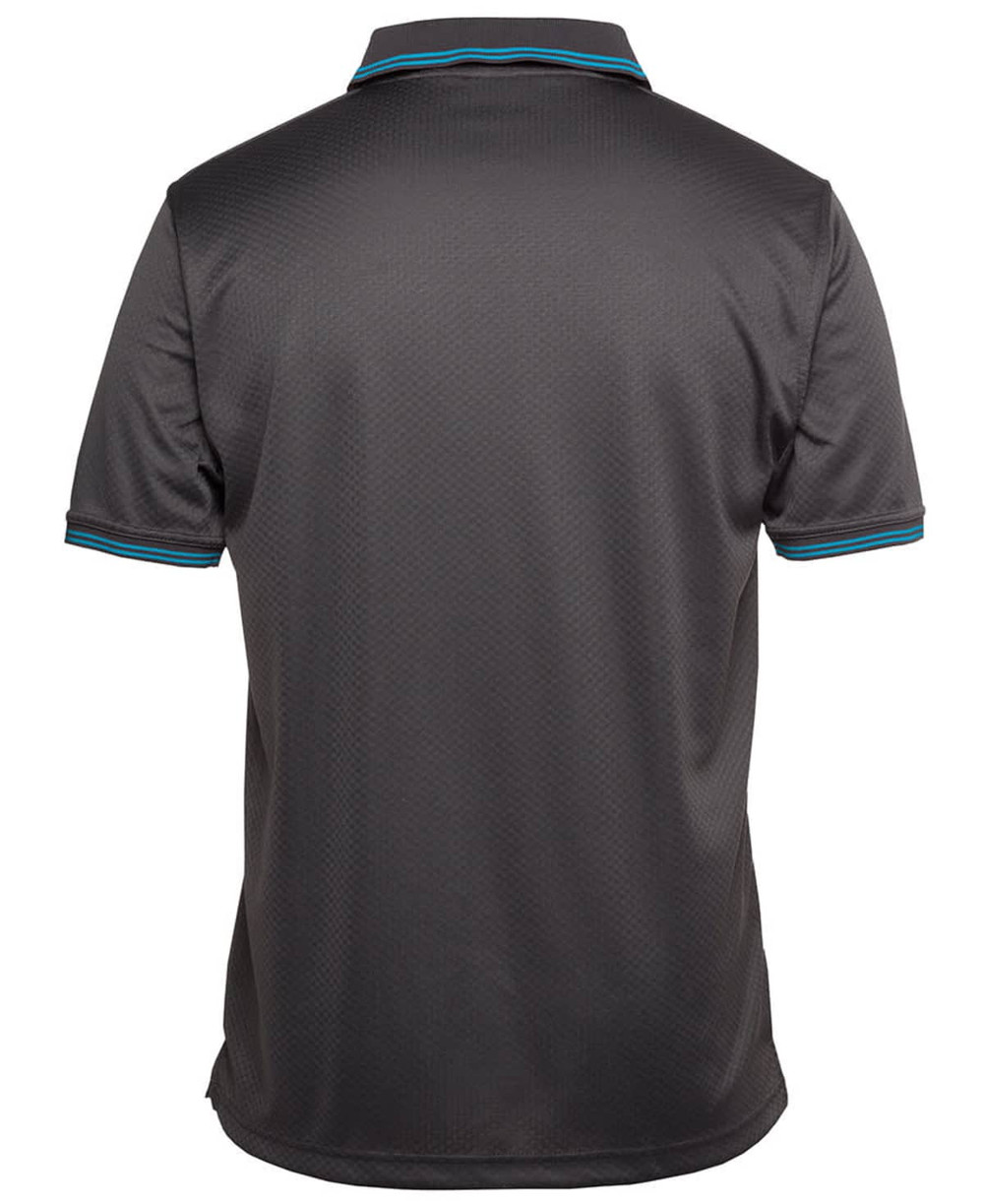 A dark grey polo shirt with a jacquard texture and contrast blue detailing on the collar and sleeves.
