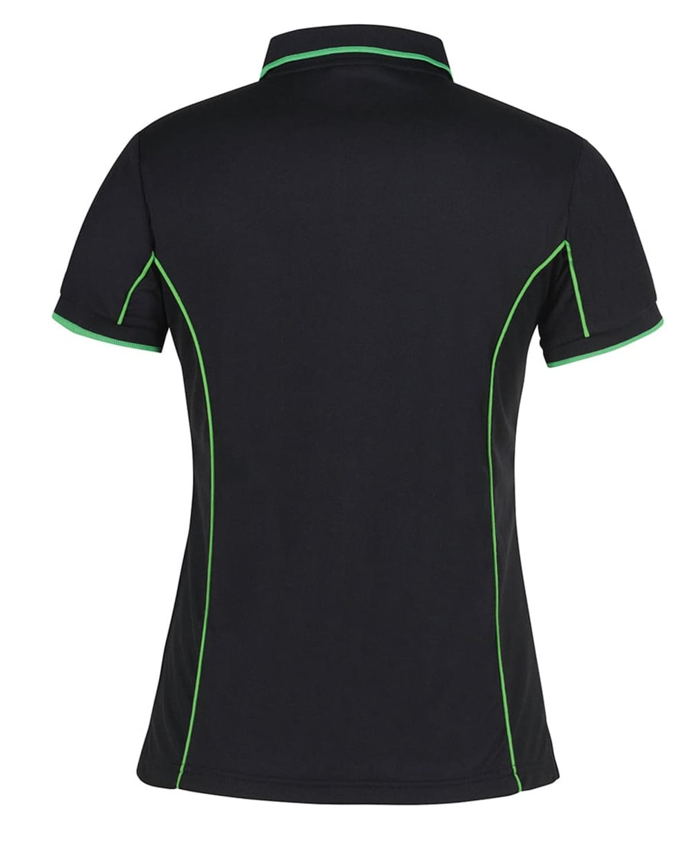 A black polo shirt with green piping, featuring a fitted design and short sleeves. Includes a logo on the chest area.
