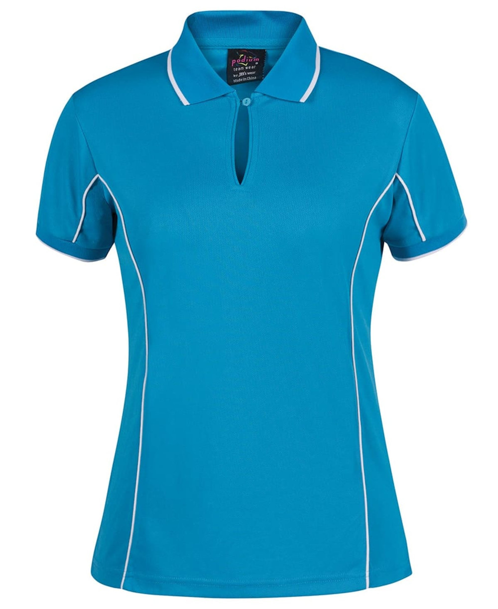 A blue piping polo shirt for ladies featuring a classic collar and contrasting white trim. Includes a logo.