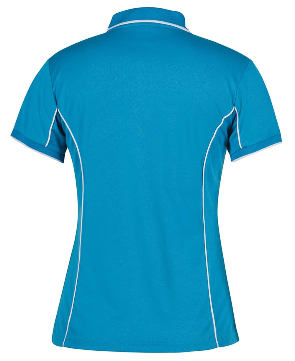 A women's polo shirt in vibrant blue with white piping details and a logo.