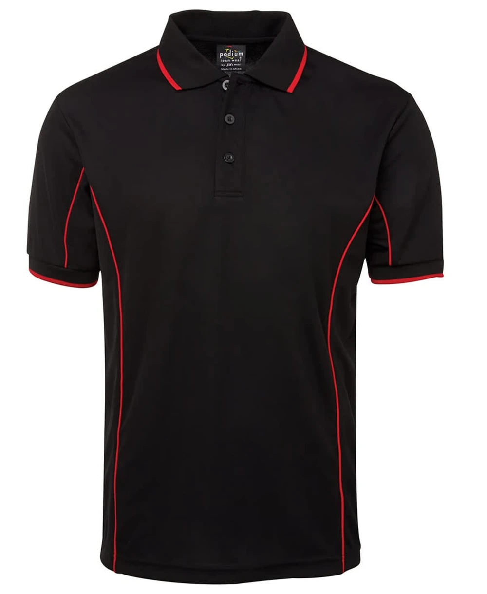 A black polo shirt with red piping details and a collar, featuring a buttoned placket and a logo.