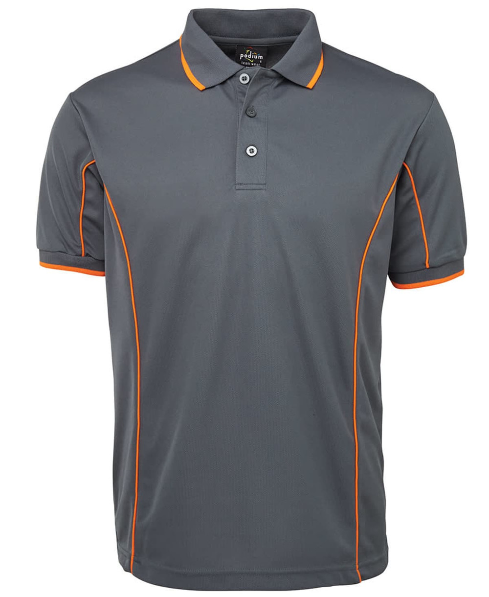 A grey polo shirt featuring orange piping, with a collar and a button placket, and a logo on the chest.
