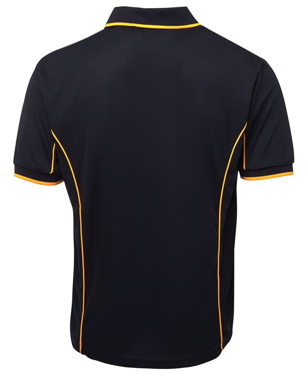 A black polo shirt with yellow piping and a logo. Features a classic collar and short sleeves.