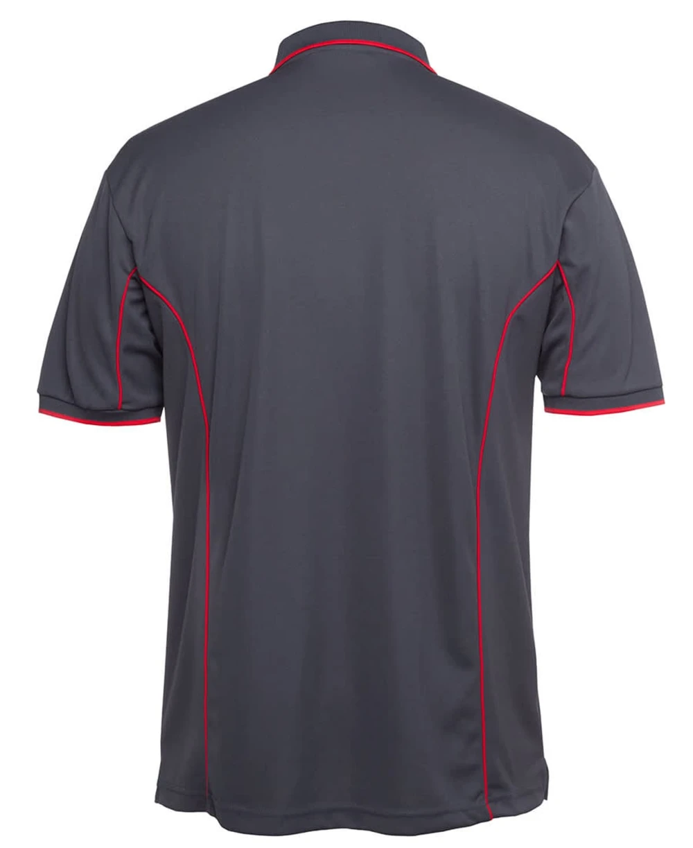 A grey polo shirt featuring red piping along the seams and a logo on the back.