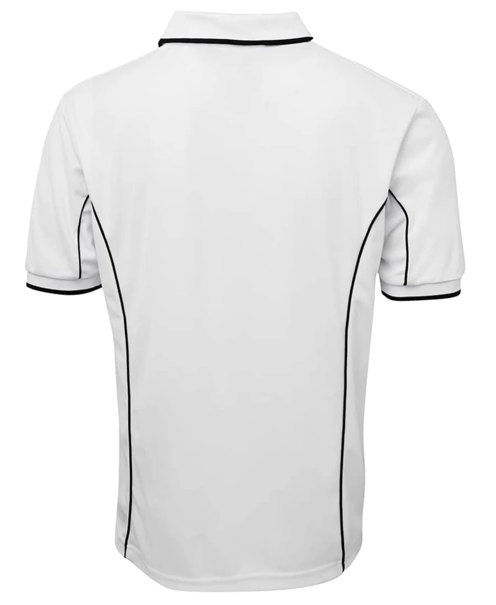 A white polo shirt featuring black piping along the seams, with a collar and short sleeves. It has a logo.