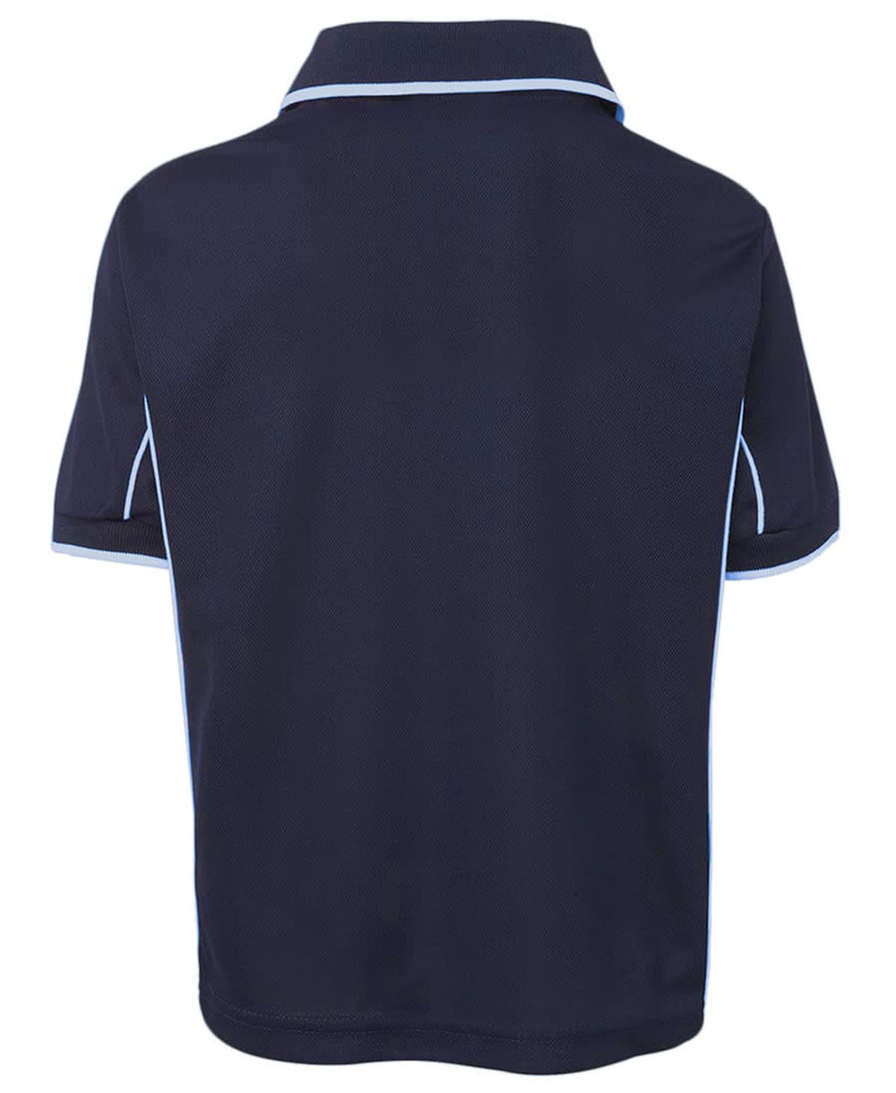 A navy polo shirt with white piping, featuring a collar and short sleeves, designed for kids.