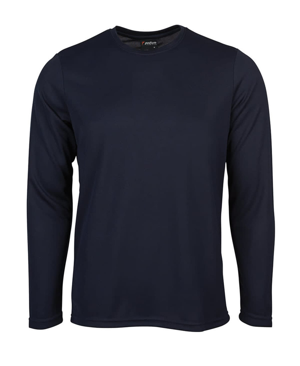 A long-sleeve T-shirt in navy blue with a round neck and a branded label inside.