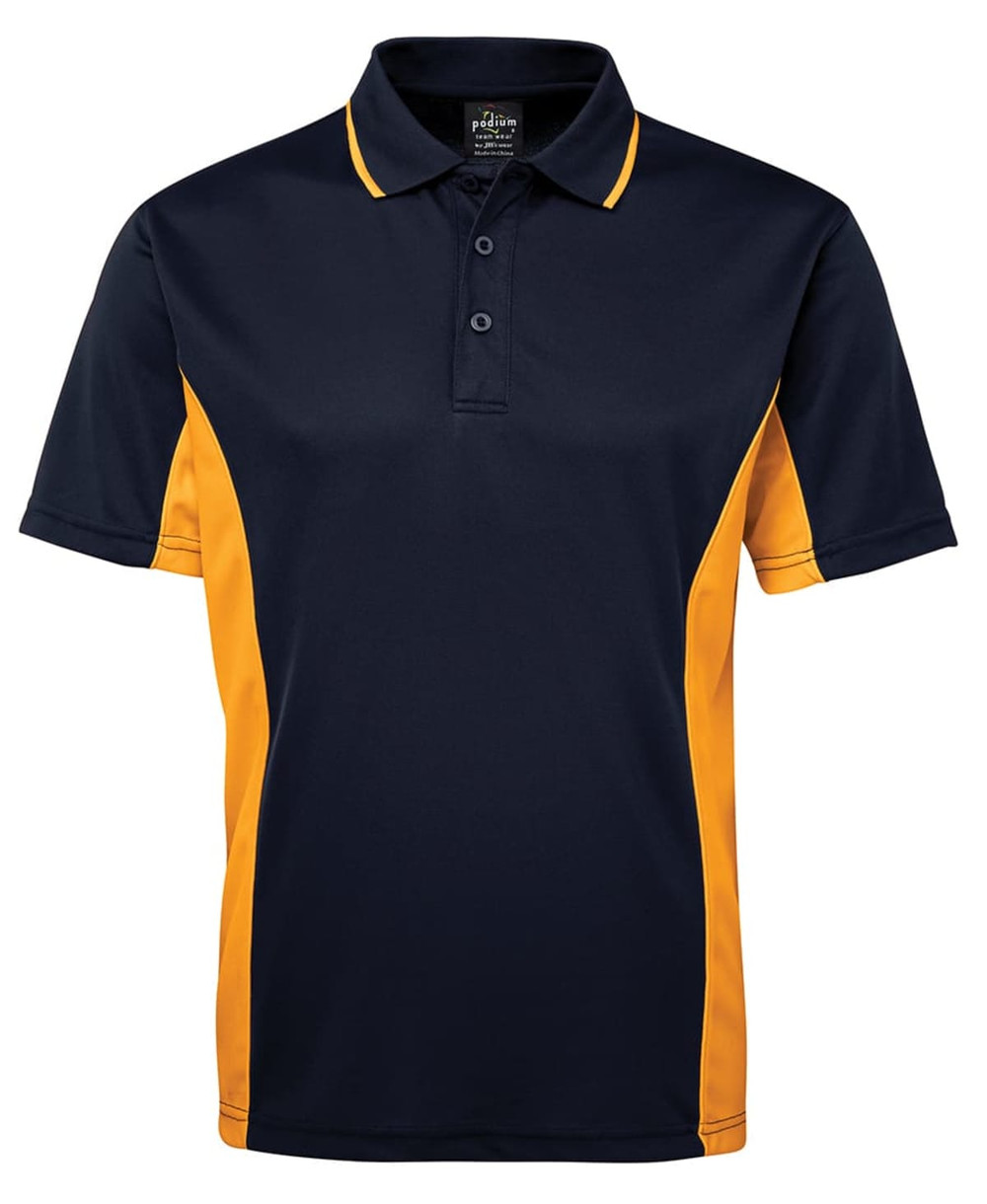 A navy and yellow polo shirt featuring a collar and button placket, with a logo on the chest.