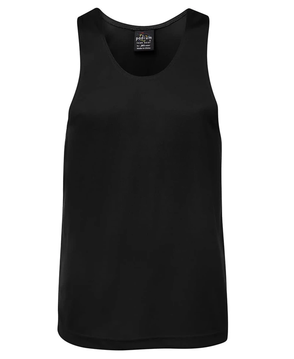 A black Podium Poly Singlet featuring a round neckline and a logo tag. Suitable for various activities.