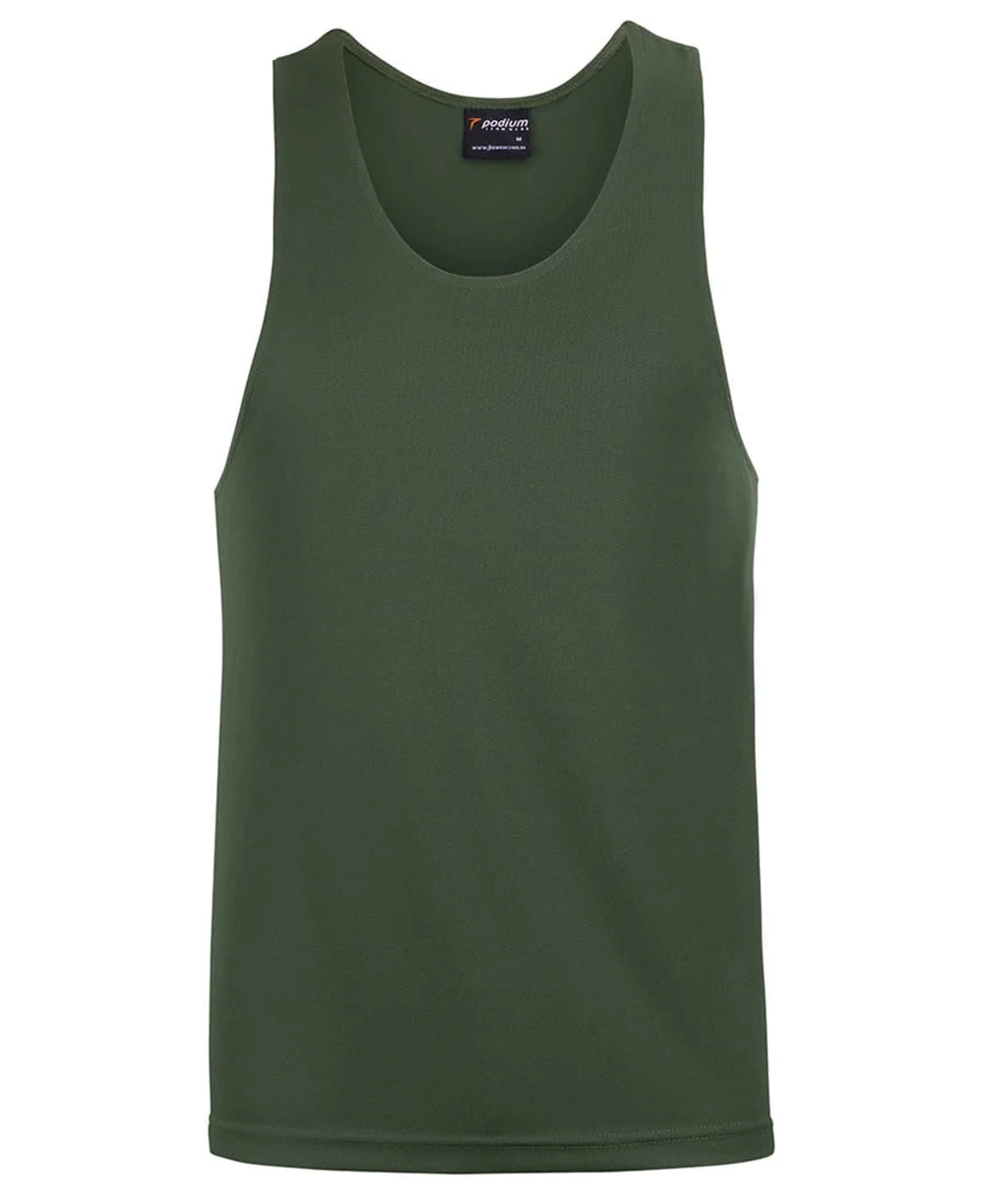 A green singlet with a classic tank top design and a logo on the upper inner neck.