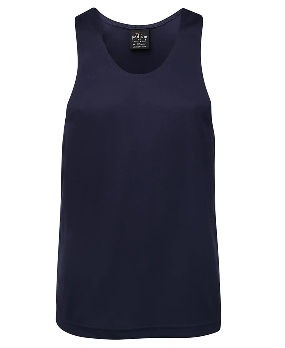 A navy blue singlet featuring a logo, designed for comfortable wear.