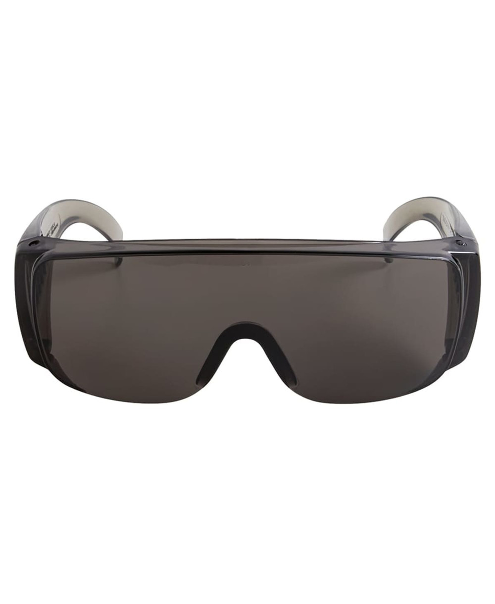 Sleek black sunglasses with wraparound design and grey tinted lenses. Features a logo on the frame.