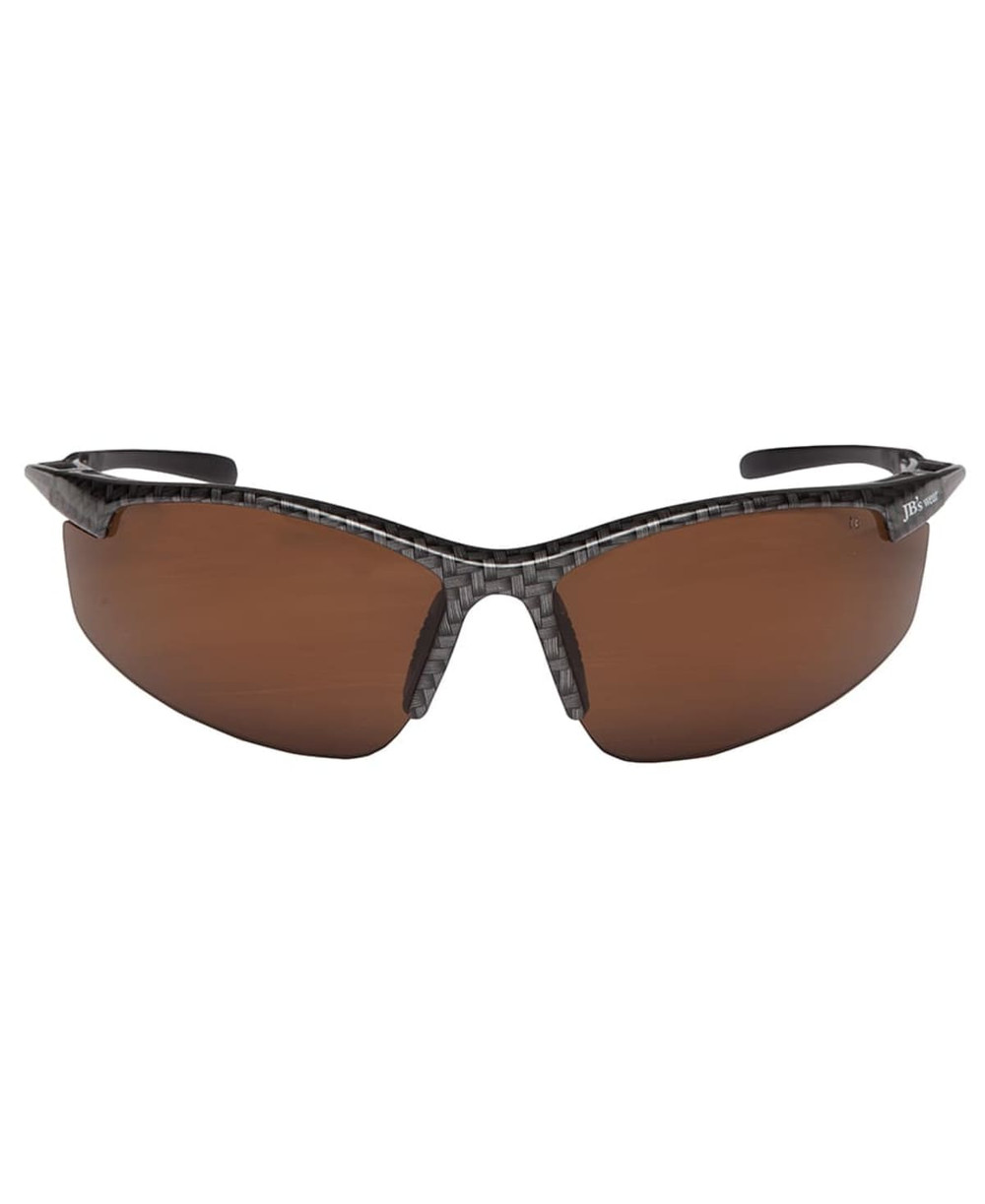 A pair of polarised sunglasses featuring dark brown lenses and a black patterned frame, accompanied by a logo.