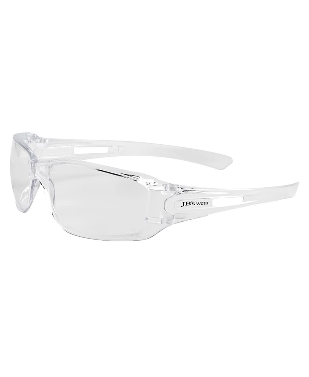 A pair of clear safety glasses with a lightweight design and logo branding.